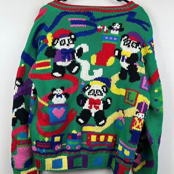 Vintage 90s Traditional Trading Co. Hand Knit Christmas Pandas Cardigan Size M - Picture 4 of 8